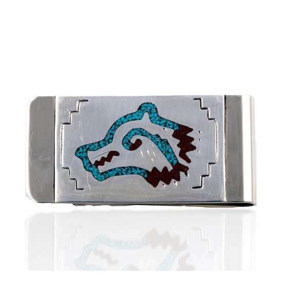 Wolf Head .925 Sterling Silver Certified Authentic Handmade Navajo Native American Natural Turquoise Coral Money Clip 11253-15