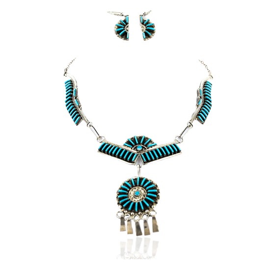 Petit Point Handmade Certified Authentic Zuni .925 Sterling Silver Turquoise Set Native American Necklace Earrings 15790-17946