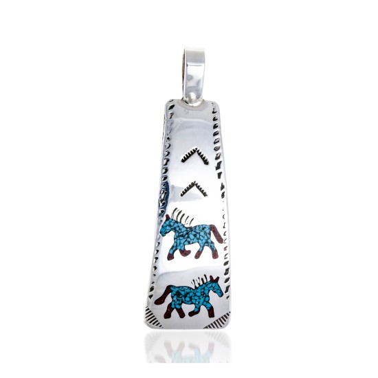 Horse .925 Starling Silver Certified Authentic Handmade Navajo Native American Natural Turquoise Coral Pendent  24541-2
