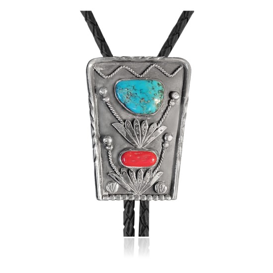 Handmade Certified Authentic Navajo .925 Sterling Silver Native American Natural Turquoise Coral Bolo Tie 34171