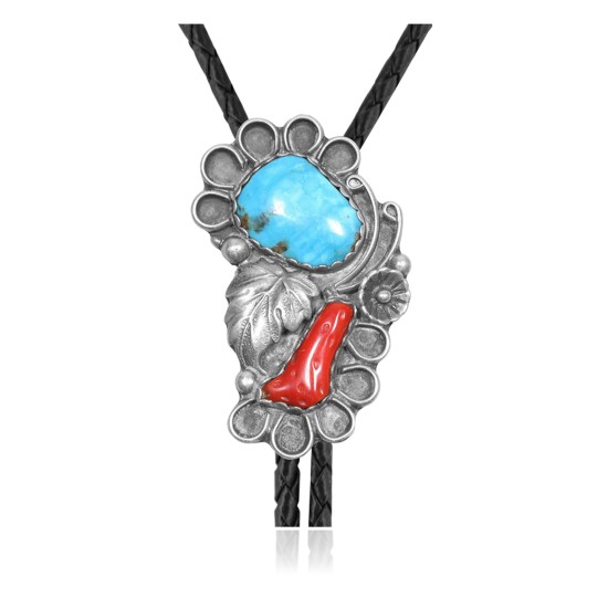 Large Feather .925 Sterling Silver Certified Authentic Handmade Navajo Native American Natural Turquoise Coral Bolo Tie 34285