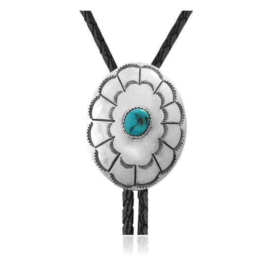 Sun .925 Sterling Silver Certified Authentic Handmade Navajo Native American Natural Turquoise Bolo Tie 34297