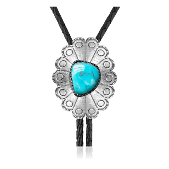 Sun .925 Sterling Silver Certified Authentic Handmade Navajo Native American Natural Turquoise Bolo Tie 34310