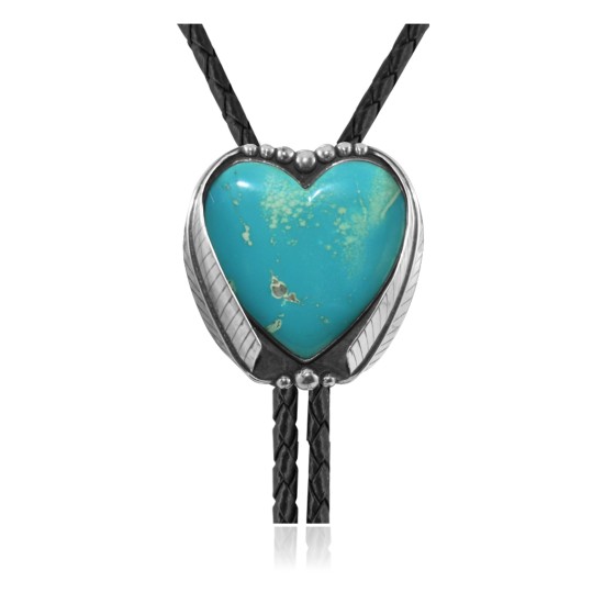 Heart .925 Sterling Silver Certified Authentic Handmade Navajo Native American Natural Turquoise Bolo Tie 34313