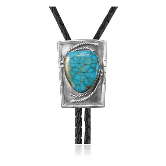 Square .925 Sterling Silver Certified Authentic Handmade Navajo Native American Natural Turquoise Bolo Tie 34314