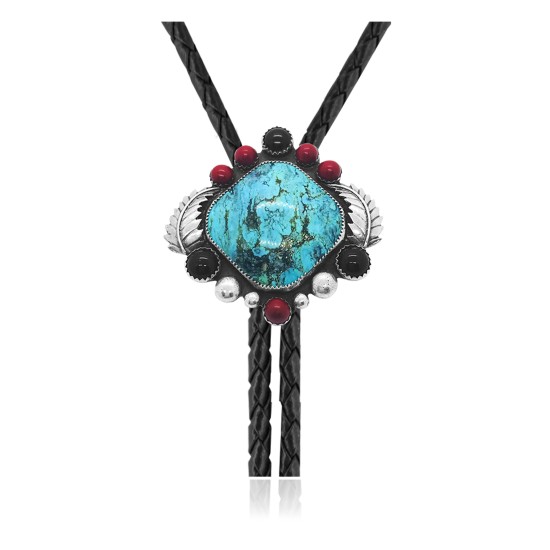 Feather .925 Sterling Silver Certified Authentic Handmade Navajo Native American Natural Turquoise Coral Black Onyx Bolo Tie 34320