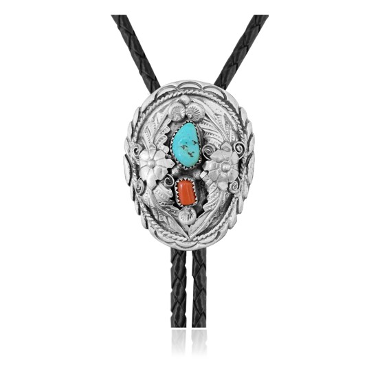Flower Leaf .925 Sterling Silver Certified Authentic Handmade Navajo Native American Natural Turquoise Coral Bolo Tie 34337