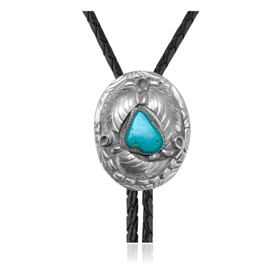 Leaf .925 Sterling Silver Certified Authentic Handmade Navajo Native American Natural Turquoise Bolo Tie 34339