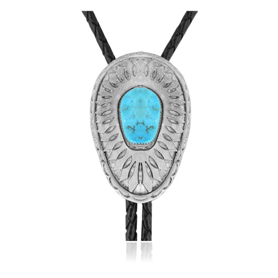 Sun .925 Sterling Silver Certified Authentic Handmade Navajo Native American Natural Turquoise Bolo Tie 34341