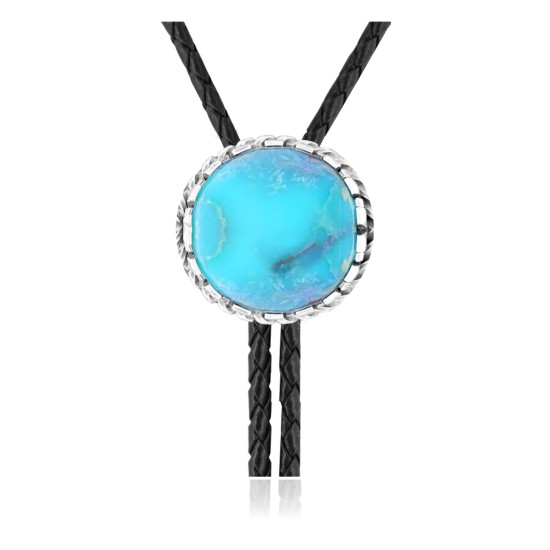 Wave .925 Sterling Silver Certified Authentic Handmade Navajo Native American Natural Turquoise Bolo Tie 34387