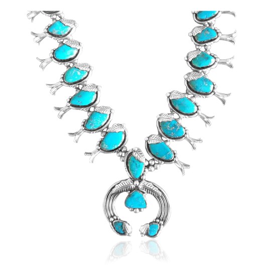 Squash Blossom .925 Sterling Silver Certified Authentic Navajo Native American Natural Turquoise Necklace 35101