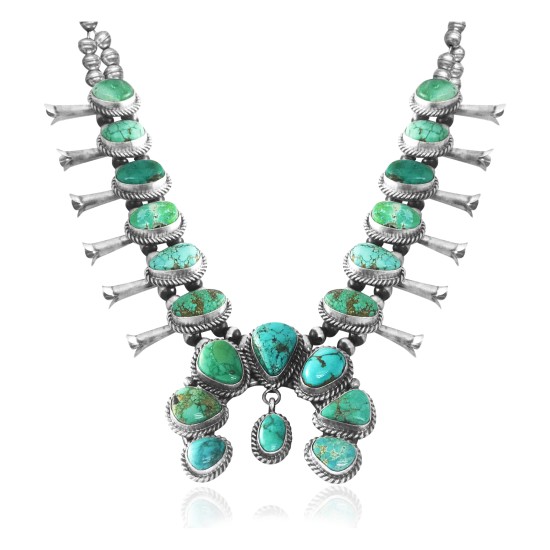 Squash Blossom .925 Sterling Silver Certified Authentic Navajo Native American Natural Turquoise Necklace 35102