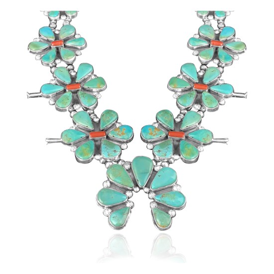 Squash Blossom .925 Sterling Silver Certified Authentic Navajo Native American Natural Turquoise Coral Necklace 35110