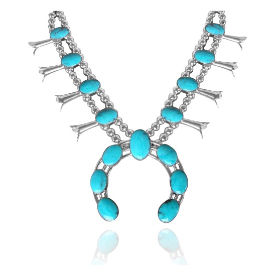 .925 Sterling Silver Certified Authentic Navajo Native American Natural Turquoise Necklace 35137