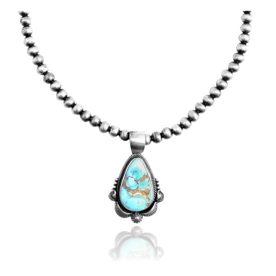 Sun .925 Sterling Silver Certified Authentic Handmade Navajo Native American Natural Turquoise Necklace 35152