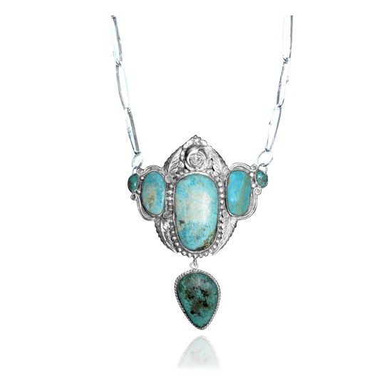Flower Leaf .925 Sterling Silver Certified Authentic Navajo Native American Natural Turquoise Necklace 35175