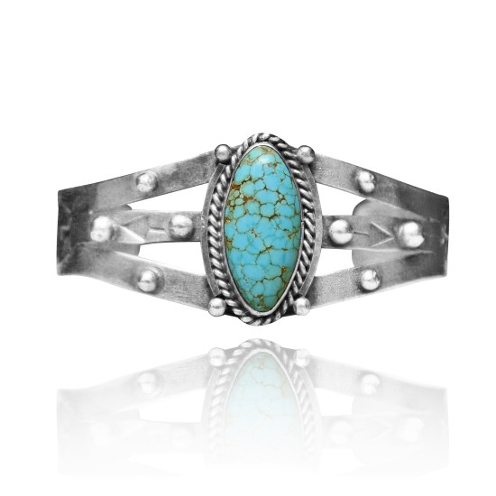 Dotted .925 Sterling Silver Certified Authentic Navajo Native American Natural Turquoise Cuff Bracelet 32124