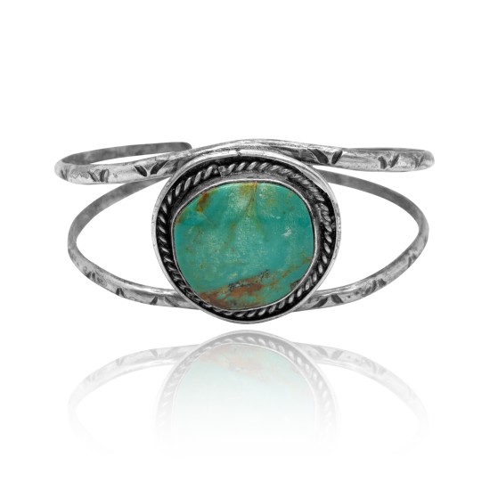 Elegant .925 Sterling Silver Certified Authentic Navajo Native American Round Natural Turquoise Cuff Bracelet 32135