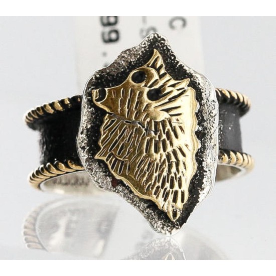 .925 Sterling Silver and 12kt Gold Filled HANDMADE Certified Authentic WOLF HEAD Navajo Native American Ring  371114880224