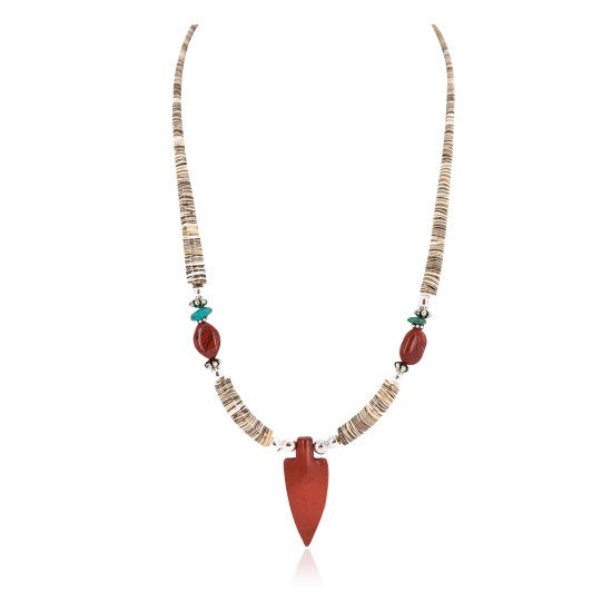.925 Sterling Silver Arrow Certified Authentic Navajo Natural Turquoise Red Jasper Graduated Melon Shell Native American Necklace 750237-5