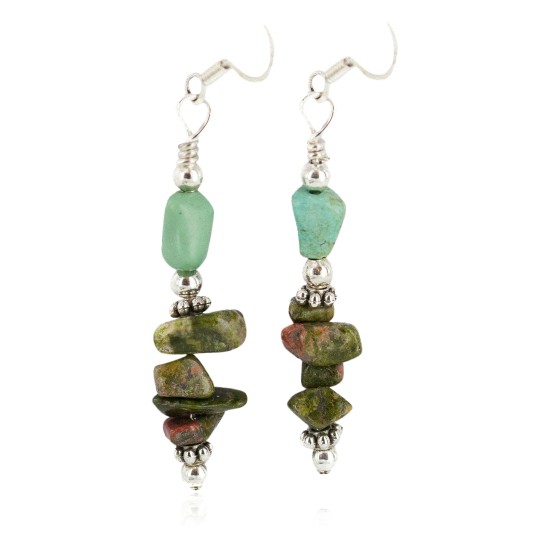 .925 Sterling Silver Hooks Certified Authentic Navajo Natural Turquoise Green Jasper Native American Dangle Earrings 18294-9