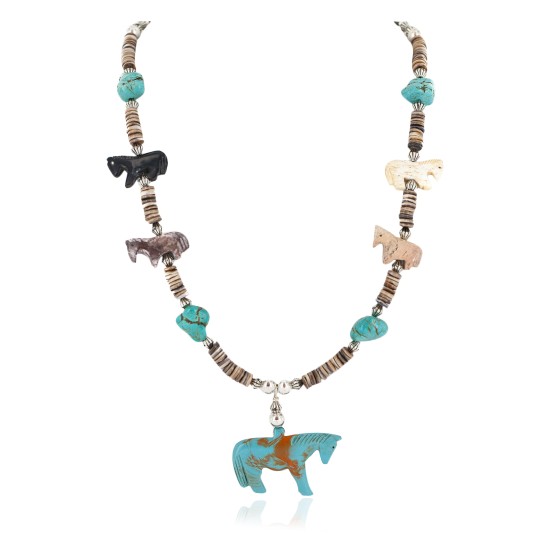Carved Fetish Horse .925 Sterling Silver Certified Authentic Navajo Natural Jasper Bone Graduated Melon Shell Native American Necklace 18266