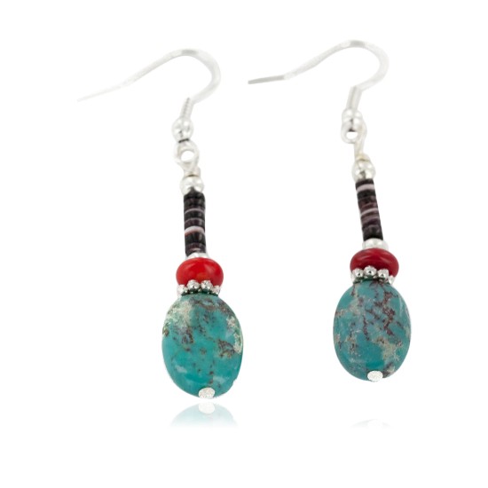 Certified Authentic Navajo .925 Sterling Silver Hooks Dangle Natural Turquoise Coral Native American Earrings 18106-44