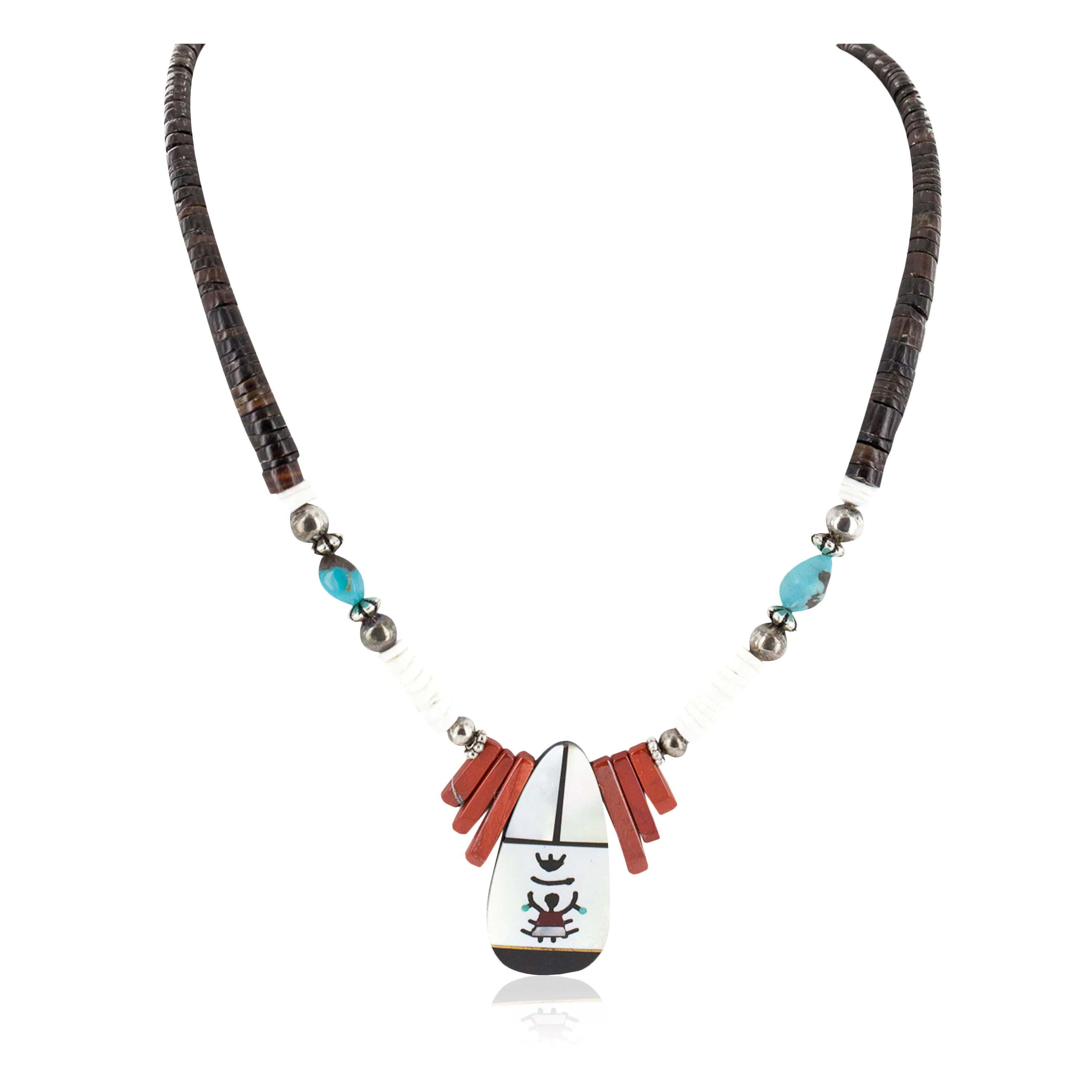 Certified Authentic Navajo .925 Sterling Silver Inlay Natural Graduated  Melon Shell Turquoise Mother of Pearl Red Jasper Native American Necklace 