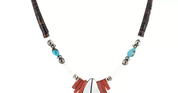 Certified Authentic Navajo .925 Sterling Silver Inlay Natural Graduated  Melon Shell Turquoise Mother of Pearl Red Jasper Native American Necklace 