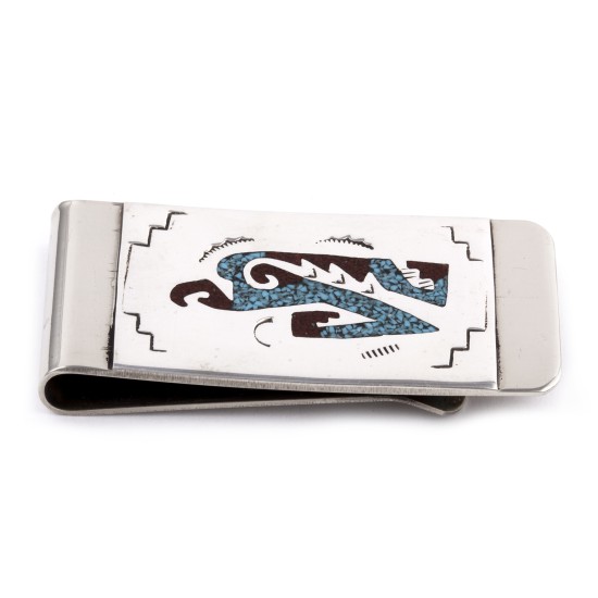 Eagle .925 Sterling Silver Certified Authentic Handmade Navajo Native American Natural Turquoise Coral Chip Inlay Money Clip 11253-16