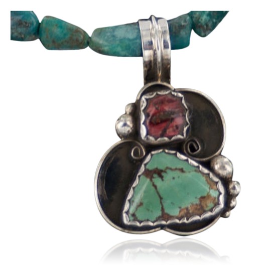 Handmade Certified Authentic Navajo .925 Sterling Silver Natural Spiny Oyster and Turquoise Native American Necklace 370889480800