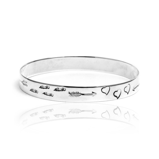 Heart Arrow Feather Sun .925 Sterling Silver Certified Authentic Hopi Handmade Native American Bangle Bracelet 22215