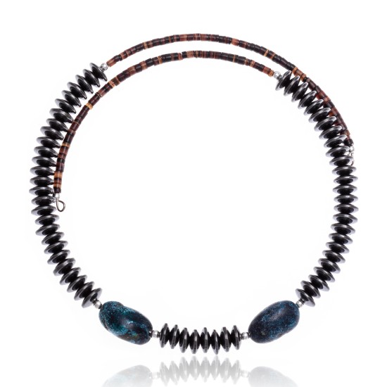 Natural Turquoise and Hematite Certified Authentic Navajo Native American Adjustable Choker Wrap Necklace and Chain 25560