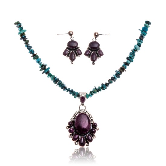 Natural Turquoise Purple Spiny Oyster .925 Sterling Silver Certified Authentic Navajo Native American Handmade Pendant Earnings Set 24519-15222-18198-10
