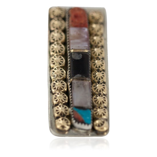 Navajo Handmade Certified Authentic .925 Sterling Silver Inlaid Natural Black Onyx Spiny Oyster Turquoise Mother of Pearl Native American Nickel and Brass Money Clip 91003-4