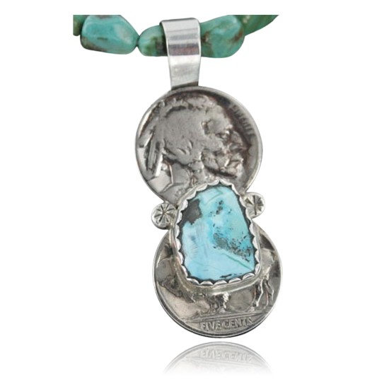 Vintage Style OLD Buffalo Coin Certified Authentic Navajo .925 Sterling Silver Turquoise Native American Necklace 370906002070
